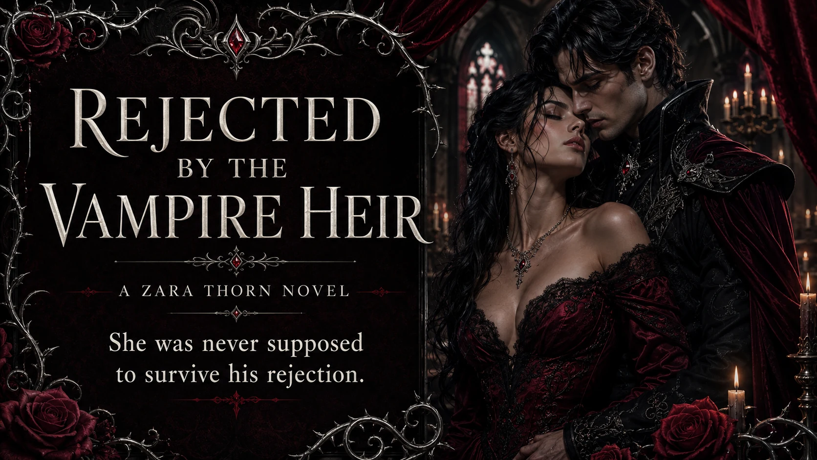 Rejected by the Vampire Heir promotional art showing a dark-haired heroine and vampire heir in a gothic setting